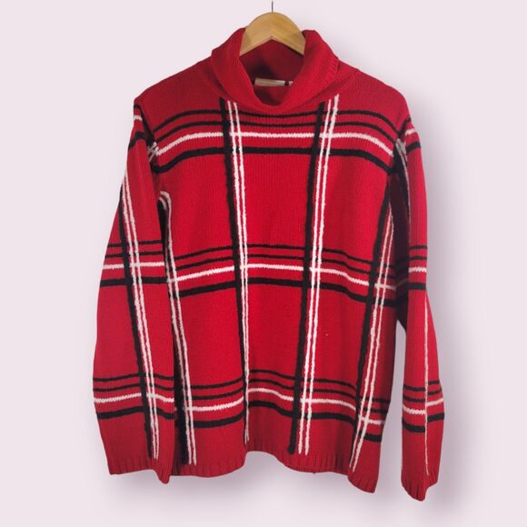 LIZ CLAIBORNE Red Knit Windowpane Plaid Sweater Size L Cotton Blend Turtleneck - Picture 1 of 8